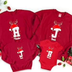 Personalised Christmas Reindeer Sweatshirt, Custom Name Matching Family Jumper, Christmas Couple Initial Sweater, Xmas Eve Holiday Present