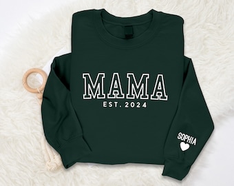 Mama Sweatshirt, Custom Kids Name On Sleeve Printed Jumper, Christmas Sweater for Mum, Personalised Crewneck Top, Grandmother Birthday Gifts