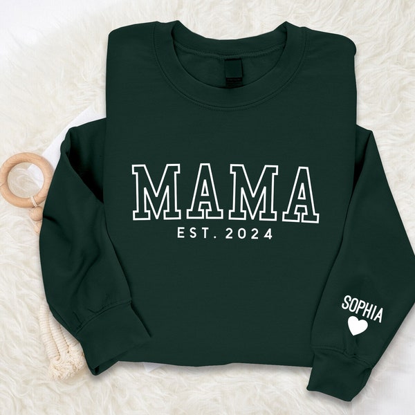 Mama Sweatshirt, Custom Kids Name On Sleeve Printed Jumper, Christmas Sweater for Mum, Personalised Crewneck Top, Grandmother Birthday Gifts