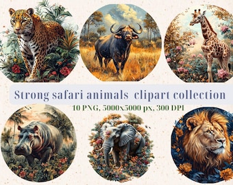 Floral Safari Animals Clipart | African Wildlife Illustrations (PNG & JPG)