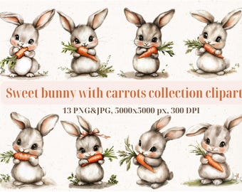 Watercolor Bunny Clipart, Rabbit Illustration, Easter Nursery Decor (13 PNGs)