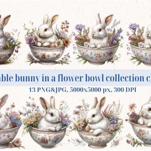 Aquarell Häschen Clipart Bundle, Aquarell Blumen Häschen PNG | Niedliche Tierkunst fürs Kinderzimmer | Babyparty Dekor | 5000x5000px | Digitaler Download
