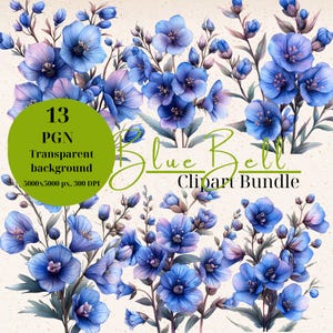 BlueBell flowers, clipart, digital, home decoration, botanical, gardening, PNG, Watercolor, POD, Commercial Use, Instant download, 300 dpi