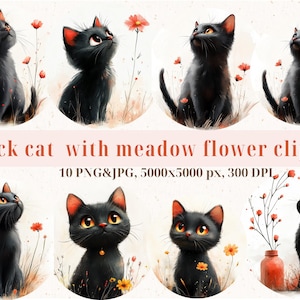 Watercolor Whimsical Black Cat Stickers, Cute Kitten Art Clipart Set, Watercolor Floral Black Kitten PNGs,  Digital Download, 300 dpi