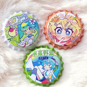 Vocaloid | Kagamine Rin Orange Juice/Hatsune Miku Melon Soda/PoPiPo Vegetable Juice | Cute Soda Bottle Cap Shaped Pin/Button/Badge