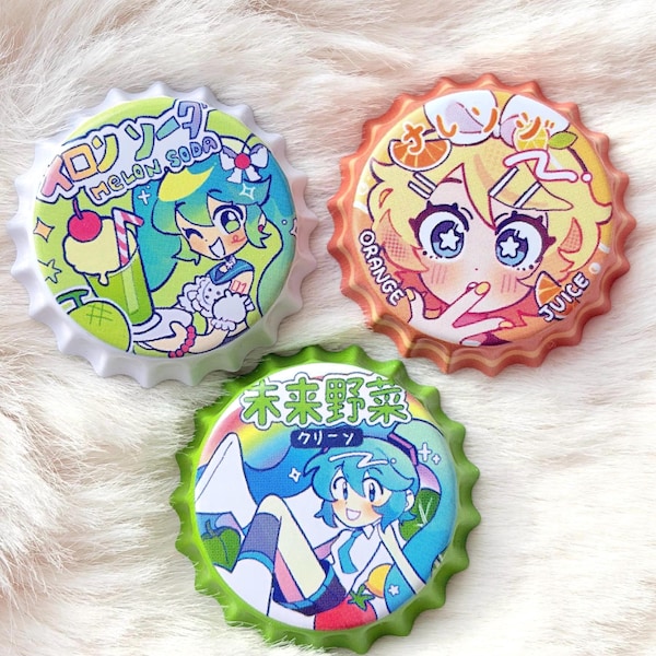 Vocaloid Bottle Cap Pins | Kagamine Rin Orange Juice, Hatsune Miku Melon Soda, Popipo