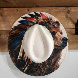 One of a Kind Engraved Fedora Bear Cowgirl Feather Boho Hat