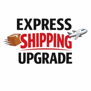 Può includere: Immagine con la scritta "EXPRESS SHIPPING UPGRADE". Le parole sono in nero e rosso. Sono presenti anche una scatola di cartone marrone con linee di velocità e un aereo bianco.