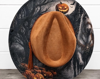 Halloween Headless Horseman Pumpkin Horse Fedora Wide Brim Cowgirl Cowboy Hat