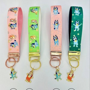 Heat pressed & custom fabrication Bluey inspired keychain wristlets