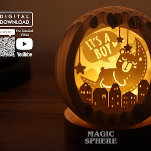 Modelo de papercraft de esfera pop-up de menino, modelo de cartão pop-up, Papercut SVG, arquivo Png pdf, ideia de revelação de gênero, cartão de presente de chá de bebê 3D