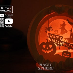 SVG Halloween Pumpkin Popup Sphere Template, Papercraft template, Halloween Light Box, Shadow box, 3D card, Halloween gift, Halloween Decor