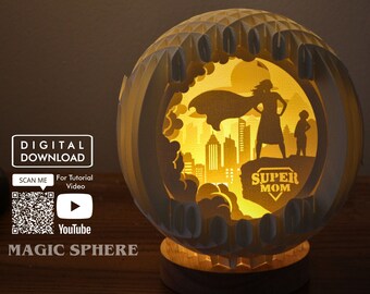 Creatieve Super Mom Moederdag 3D Popup Sphere Template, Shadow box SVG PNG Template, Maak je eigen Light Box Gift, Papercut bestand