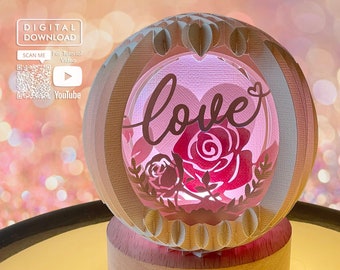 3D Rose Gift Card sjabloon voor Valentijnsdag, Popup Sphere Papercraft SVG, Png pdf-bestand, Popup papieren kaartsjabloon, licht decor, DIY cadeau