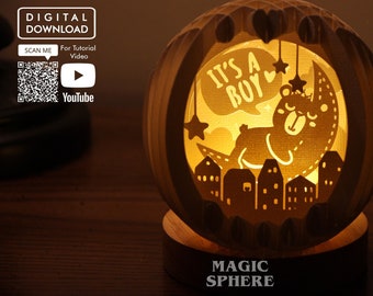Het is een jongen pop-up bol Papercraft sjabloon, pop-up kaartsjabloon, Papercut SVG, Png pdf-bestand, Gender Reveal idee, 3D Baby douche cadeaubon
