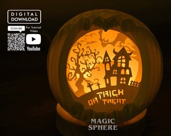 SVG Halloween Haunted House Popup Sphere Template, 3D Papercut, Popup Card, Nachtlicht Decor, Lichtbak, Schaduwdoos, Halloween Cadeau
