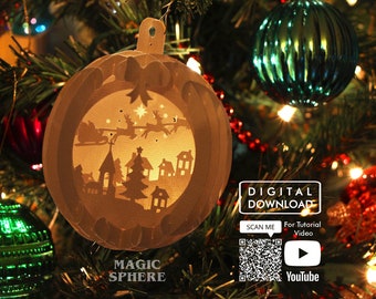 3D kerst pop-up bol papercraft sjabloon, xmas ornament SVG, papercut SVG, pop-up kerstkaart sjabloon, DIY kerstcadeau