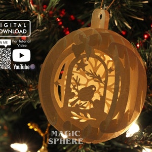 Modello di papercraft con ornamento di globo di neve in 3D per uccelli, ornamento di Natale SVG, Papercut SVG, modello di cartolina di Natale popup, ornamento dell'albero, artigianato fai da te