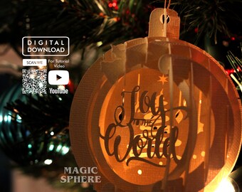 3D vreugde aan de wereld kerst ornament papercraft sjabloon, papercut SVG, pop-up kerstkaart sjabloon, kerstkaart SVG, pop-up bol