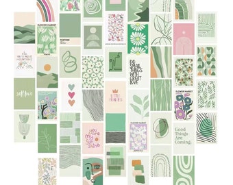 Physical Print 50 Green Danish Pastel Wall Collage Kit Aesthetic Pictures; Dorm Quirky Preppy Wall Decor For Bedroom;Dorm; Kid's Room.