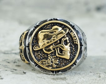 Hobo Nickel Brave Skull Rings - Vintage Pirate Signet Men's Ring, Mexican Indian Biker Style Coin Stainless Steel Jewelry ，Gift for Him