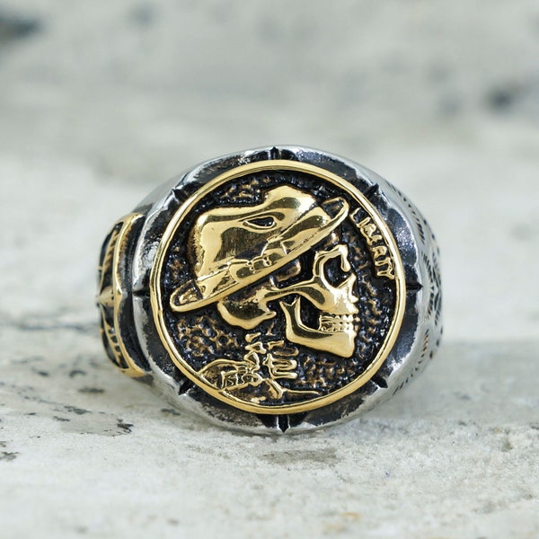 Hobo Nickel Brave Skull Rings - Vintage Pirate Signet Men's Ring, Mexican Indian Biker Style Coin Stainless Steel Jewelry ，Gift for Him