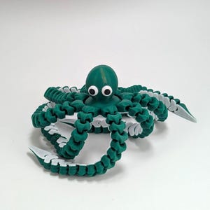May include: A 3D-printed articulated octopus toy in shades of green and white. The octopus has a rounded head with googly eyes and multiple segmented tentacles. The toy is designed to be flexible and poseable.
