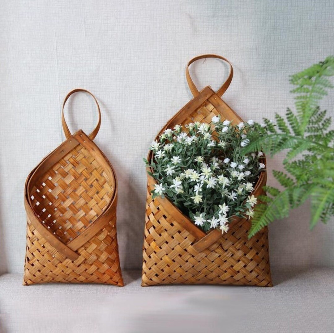 Handwoven Bamboo Basket, Hanging Flower Vase, Garden Decoration, Storage Basket, Bamboo Planter