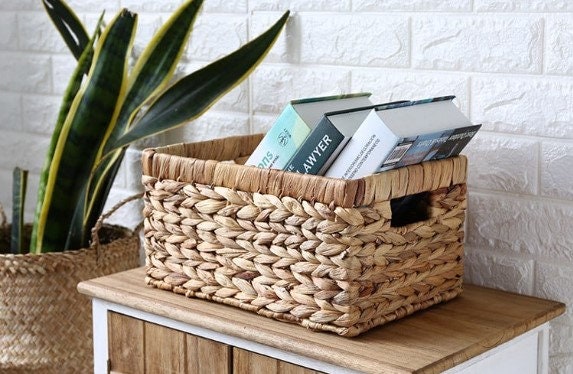 Decorative Water Hyacinth Wicker Storage Basket With Wooden - Temu