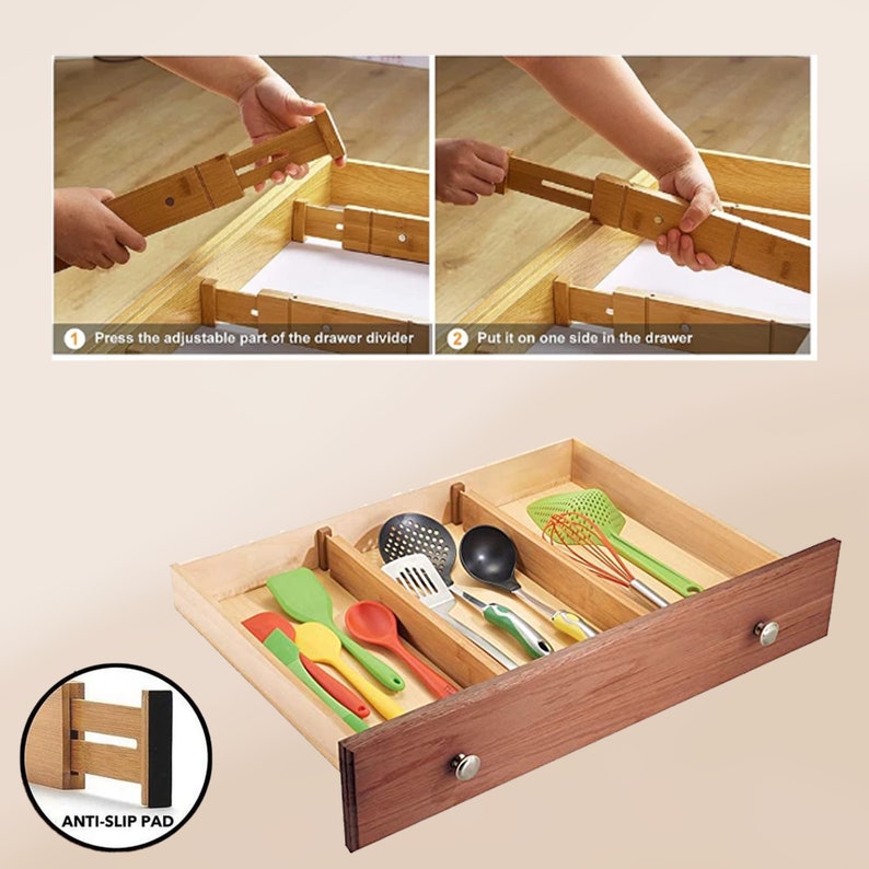 Set Adjustable Bamboo Drawer Divider Kitchen Drawer Etsy