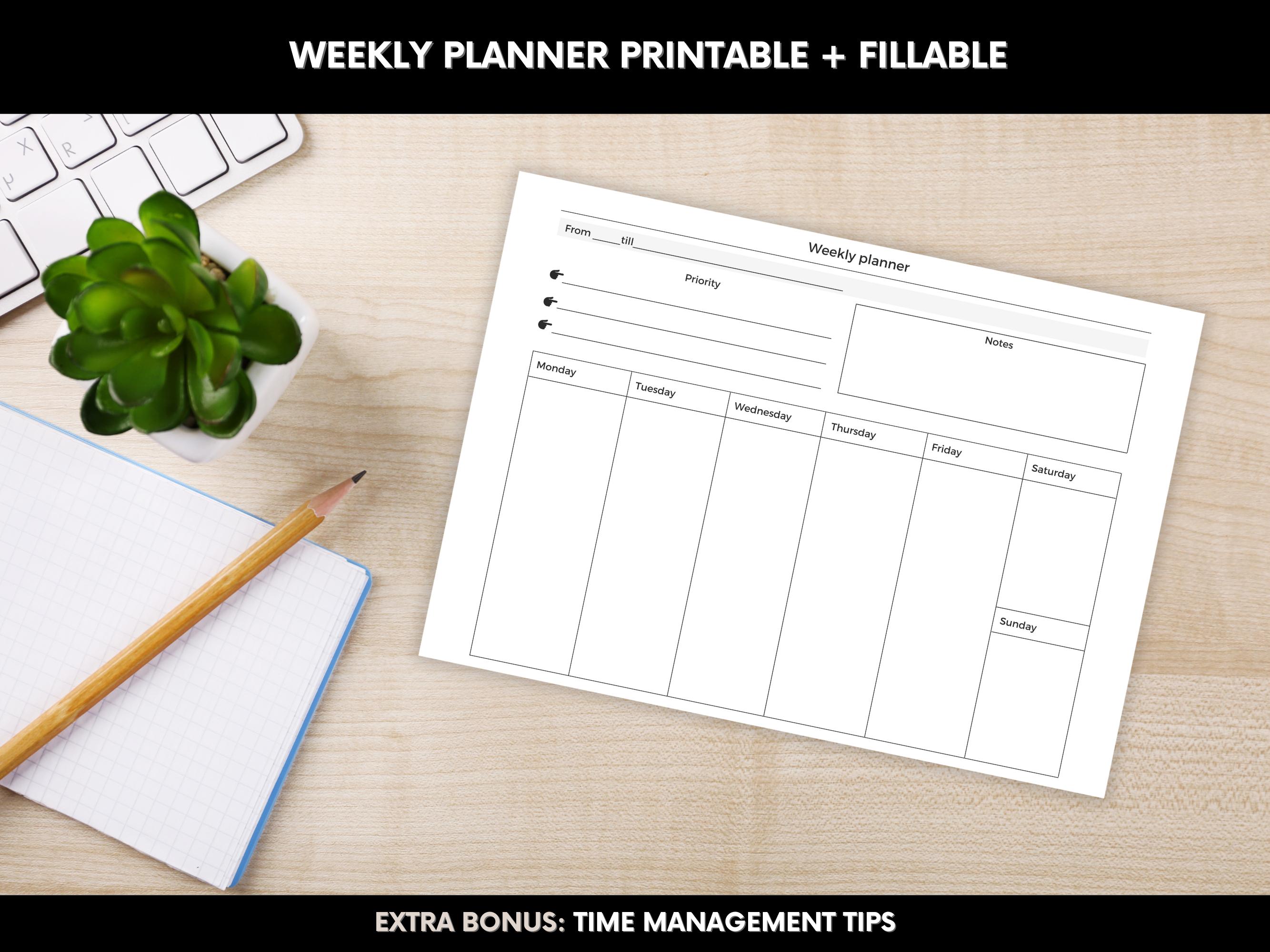 Planner Printable, Weekly Organizer, Black and White Weekly Planner ...