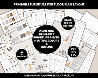 Printable Scale Furniture Templates Interior Design 1:50 Scale DIY Miniature Furniture Cutouts For Floor Plan Layouts outline and neutral