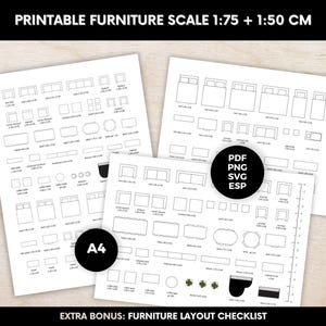 Peut inclure: Feuilles d'échelle de meubles imprimables avec des schémas de meubles, y compris des canapés, des lits et des tables. Les dimensions sont indiquées. Disponibles en formats PDF, PNG, SVG et ESP. Le texte "PRINTABLE FURNITURE SCALE 1:75 + 1:50 CM" est en haut.