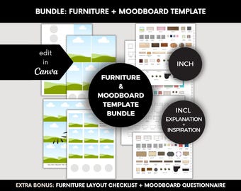 Interior Moodboard and FloorPlan Kit, Canva Template + Printable Furniture Cutouts, Room Layout and Interior Design Bundle