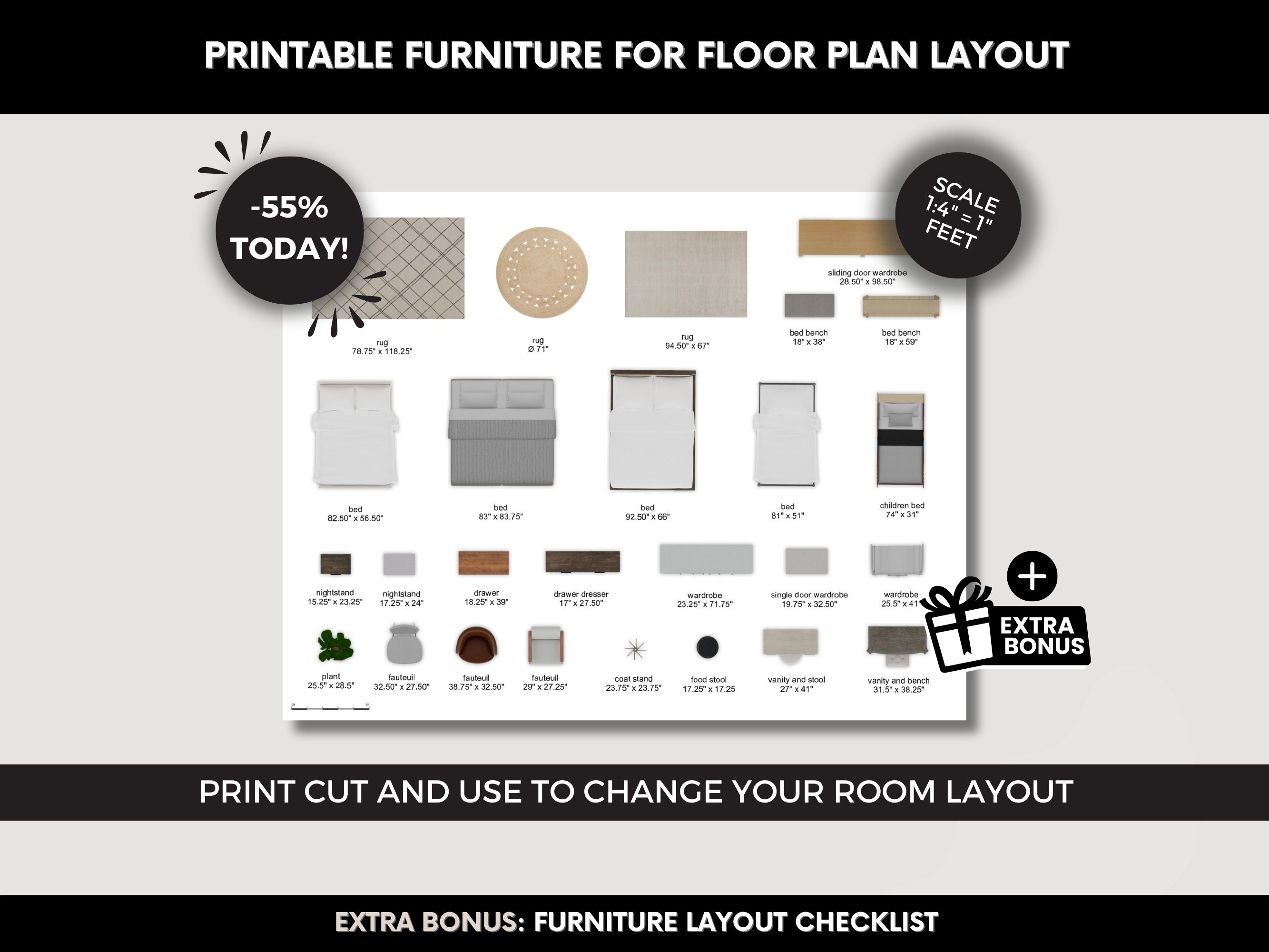 Printable Scale Furniture Cutouts for Living Room Floorplan, Living