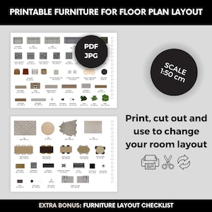 May include: Printable furniture templates for floor plan layouts. Includes PDF and JPG files with a scale of 1:50 cm. The image shows various furniture pieces, including sofas, tables, and rugs, for room design.