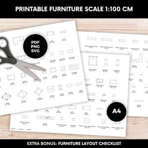 May include: Printable furniture scale 1:100 cm sheets with furniture outlines, including sofas, tables, and cabinets. A pair of scissors rests on the sheets. The text "PDF PNG SVG" and "A4" are visible.