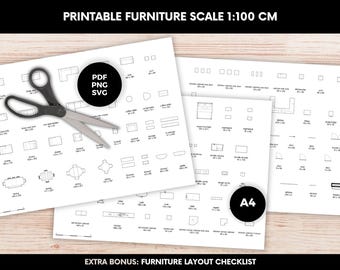 May include: Printable furniture scale 1:100 cm sheets with furniture outlines, including sofas, tables, and cabinets. A pair of scissors rests on the sheets. The text "PDF PNG SVG" and "A4" are visible.