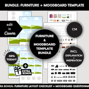 Paquete de diseño de muebles y paneles de inspiración de Canva, plantillas editables para muebles recortados y paneles de inspiración, kit de diseño de interiores de Canva personalizable