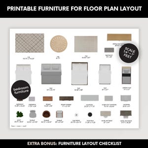 Op de afbeelding: Printbare meubels voor plattegrondindeling, met diverse slaapkamermeubels. Inclusief bedden, nachtkastjes, dressoirs, kledingkasten en vloerkleden. De schaal is 1:4" = 1' voet. Inclusief een bonus checklist voor meubelindeling.
