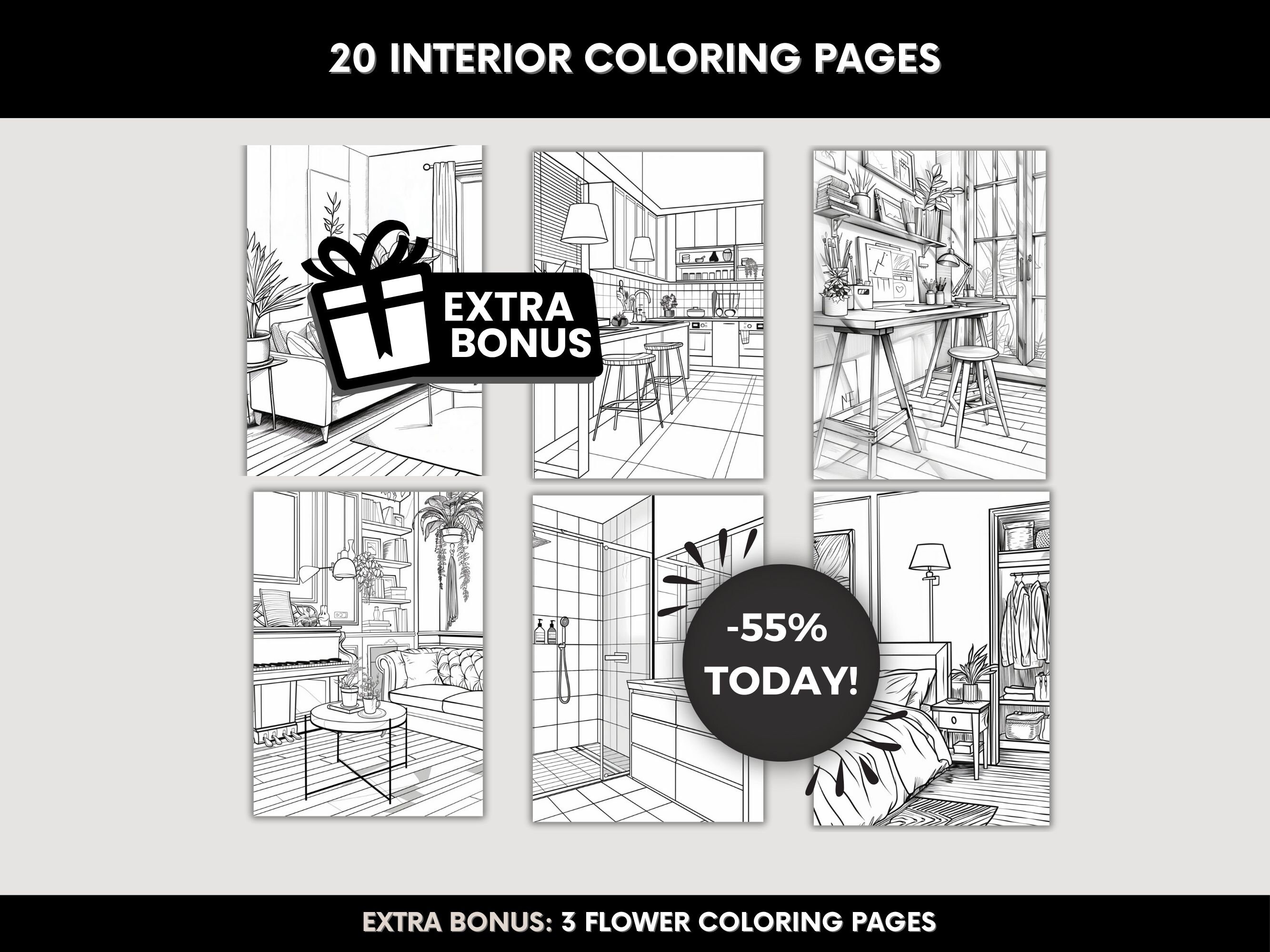 Cozy Home Coloring Pages, Living Room, Kitchen, Bedroom, Bathroom ...