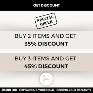 May include: Promotional graphic with text offering discounts. A 'Special Offer' stamp design. Buy 2 items, get 35% off; buy 3 items, get 45% off. Studio Lok logo and tagline at the bottom.