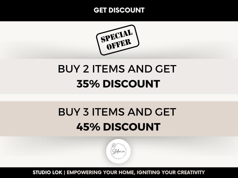 May include: Promotional graphic with text offering discounts. A 'Special Offer' stamp design. Buy 2 items, get 35% off; buy 3 items, get 45% off. Studio Lok logo and tagline at the bottom.