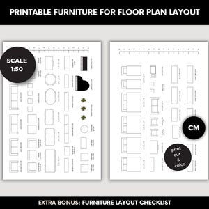 Afdrukbare sjabloon Schaalmeubilair A4 Kleurplaat Schaal meubilair Plattegrond 2D Wijzigen woonkamer Wijzigen slaapkamerindeling Schaal 1 x 50 cm
