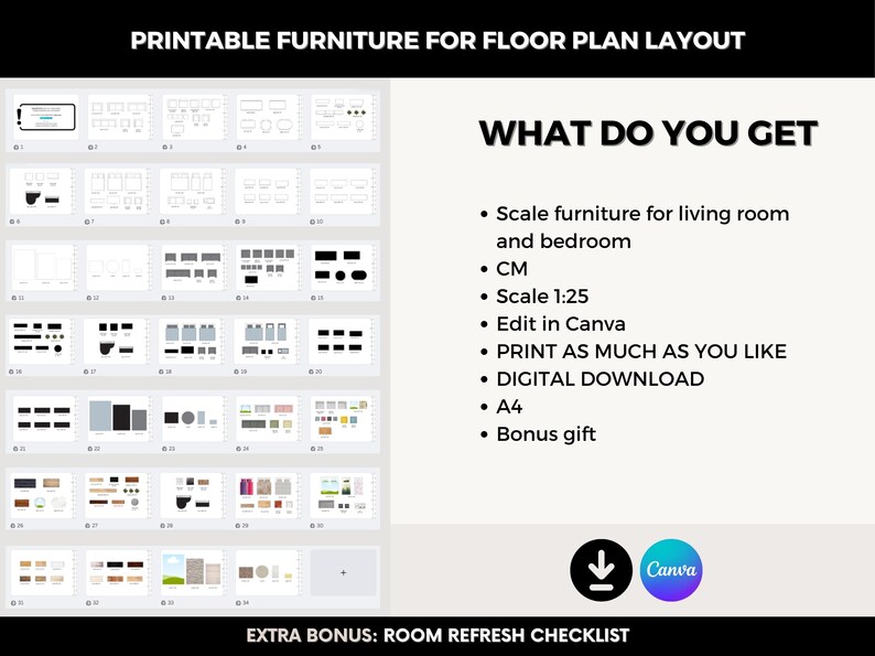 Editable Furniture Template Kit, DIY Floor Plan & Room Design in Canva, Canva Design Kit, Editable Floor Plan Furniture, DIY Home Design,