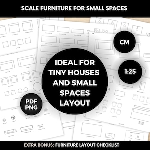 Puede incluir: Diseños de muebles en papel blanco, ideales para espacios pequeños. Incluye un círculo negro con el texto "IDEAL FOR TINY HOUSES AND SMALL SPACES LAYOUT". También incluye "CM", "1:25", "PDF PNG" y "SCALE FURNITURE FOR SMALL SPACES".