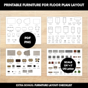 Sjabloon voor afdrukbaar meubilair, slaapkamer en woonkamer, interieurontwerppakket, huisplan DIY, plattegrond basisstijl, indeling meubelplan