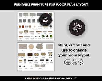 Printable Scale Furniture Cutouts For Living Room Floorplan, Living Room Design Kit, scale 1/4"=1'