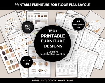 Printable 1:50 Scale Furniture Bundle, 150+ Designs in Neutral & Outline, A4 Room Layout Planner