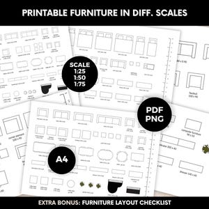 Könnte beinhalten: Druckbare Möbelvorlagen in drei verschiedenen Maßstäben: 1:25, 1:50 und 1:75. Die Vorlagen umfassen verschiedene Möbelstücke wie Sofas, Stühle, Tische und Betten. Die Vorlagen sind für die Verwendung mit A4-Papier konzipiert und im PDF- und PNG-Format verfügbar. Das Bild enthält außerdem einen zusätzlichen Bonus: eine Möbel-Layout-Checkliste.